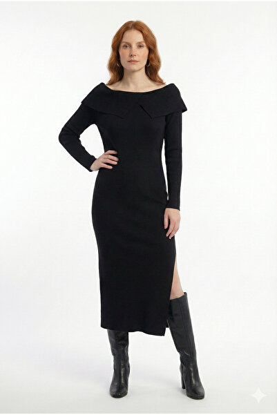 Neden Tekstil Boat Neck Long Sleeve Slit Knit Dress