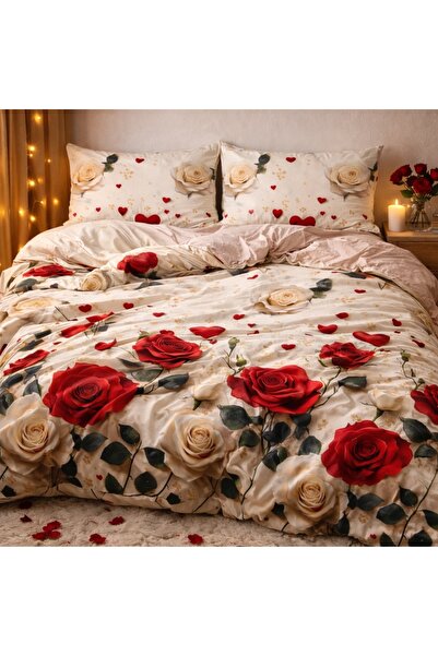 CumparaMisim Double bed linen with Stretchy, satin Cotton , Beige, roses