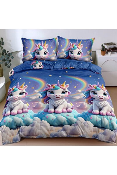 CumparaMisim Double bed linen with Stretchy, satin Cotton , Blue, unicorns