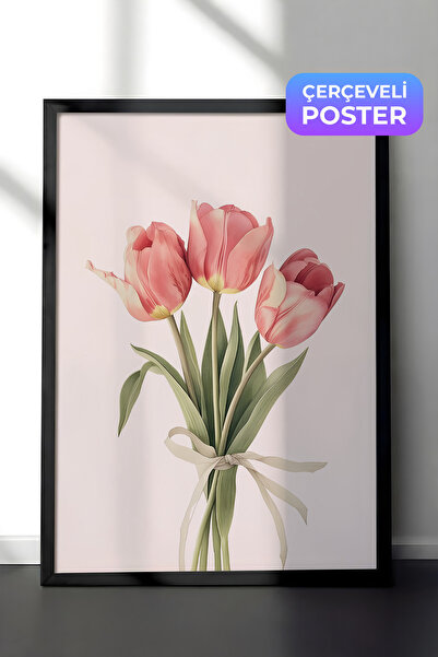 Zestia Crna uokvirena zidna slika Elegantni ružičasti tulipani Botanička akva...