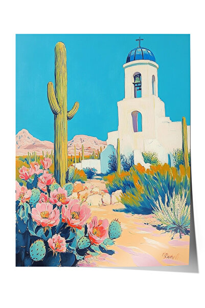 Zestia Poster premium Cactuși de deșert și casă albă mediteraneană, decor col...