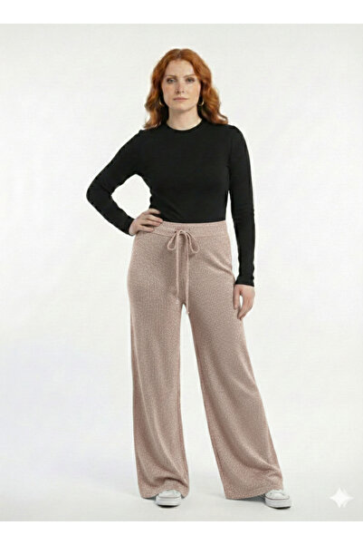 Neden Tekstil Women's Silvery Drawstring Slim Ribbed Wide Leg Knitted Trousers