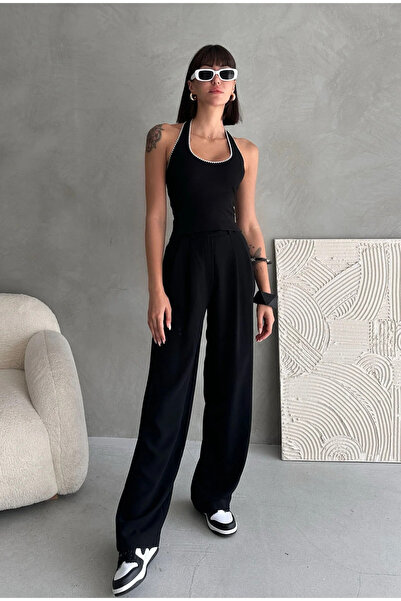 WEARTEX Halter Yaka Boyundan Geçmeli %100 Pamuk Nakış Dikim Detaylı Crop