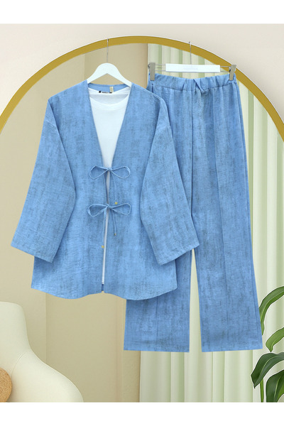 Modamorfo Linen Kimono Set with Tie-Front Trousers - Blue