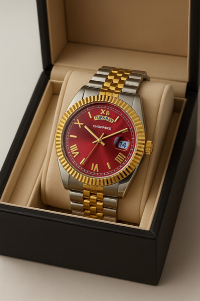 pierrose Gümüş Gold Çift Renk Çelik Kordon Kırmızı Kadran Takvimli Su Geçirme...