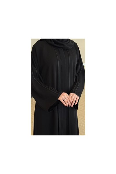 Karmen Nada Linen Abaya - Elegant Black Abaya with Front Zipper and Soft Shoulder Design