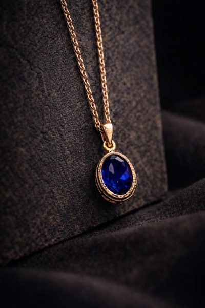 İyyaKee Kadın Bakır Kolye Doğal Koyu Mavi Safir Taşlı Minimal Model Kolye