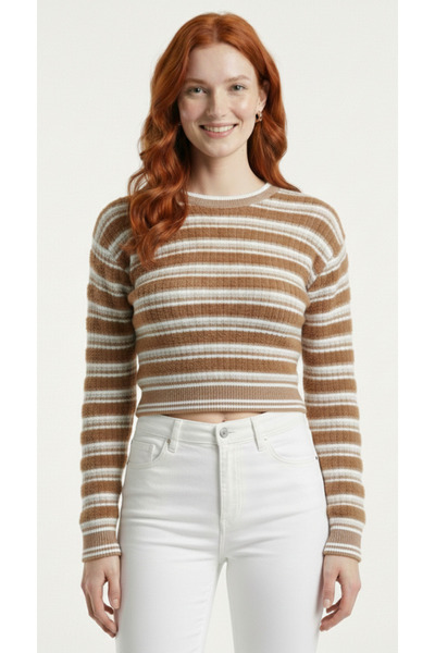 Neden Tekstil Crew Neck Striped Ribbed Short Knit Sweater