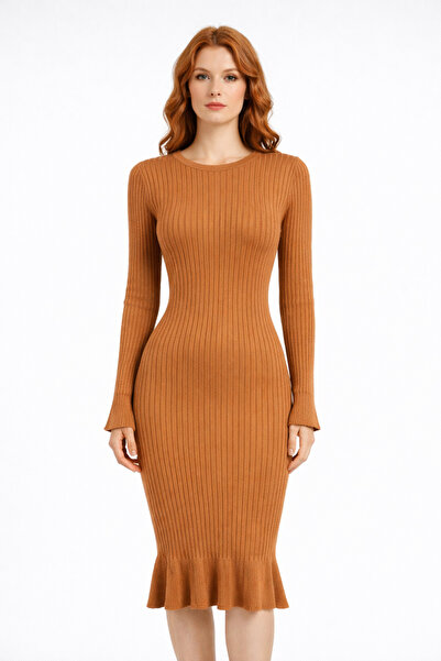 Neden Tekstil Half Turtleneck Ribbed Striped Mini Knit Dress
