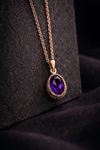 İyyaKee Kadın Bakır Kolye Doğal Mor Ametist Taşlı Minimal Model Kolye