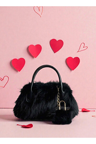 Goldies Bag Women's Black Plush Bag with Charm Detail, Double Handle, Crossbo...