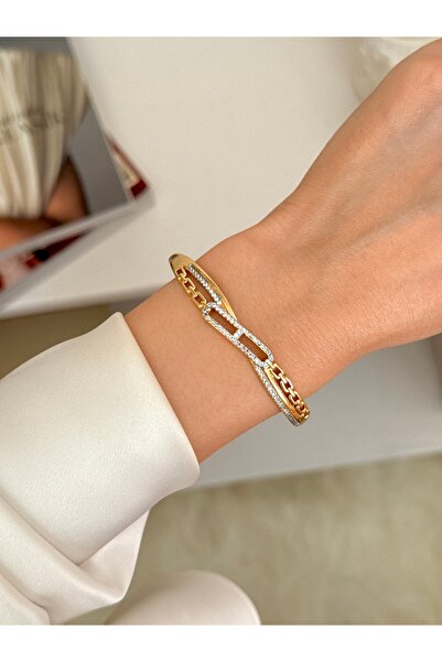 YOUES JEWELRY 316L Çelik VIP SERİ 14K Altın Renk Minimal Taşlı Kelepçe Bilezi...