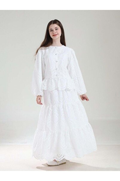 Giyinse طقم تنورة للفتيات من دروب باللون الأبيض - طقم ملابس إسلامية