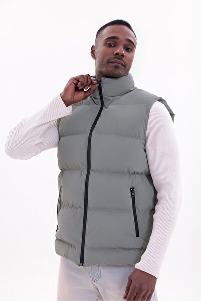 SONYAMODA Erkek Nova Kumaş Dik Yaka Su ve Rüzgar Geçirmez Astarlı Şişme Yelek