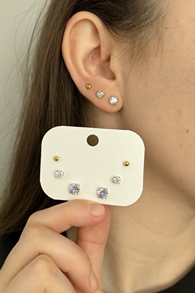 Mivra طقم أقراط نسائية من حجر الزركون مكون من 3 أزواج من الفولاذ باللون الذهبي