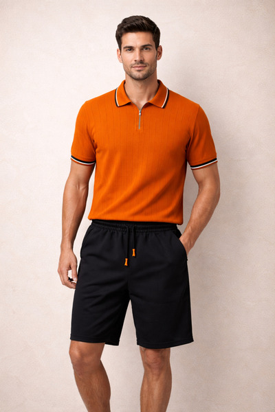oneoff Men's Zippered Polo Collar Shorts Sports Set Summer Casual Combination