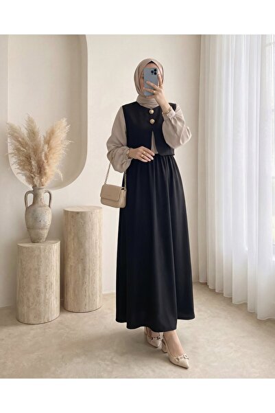 Modamorfo Elastic Waist Half Buttoned Zra Cupra Vest Dress Set - Black