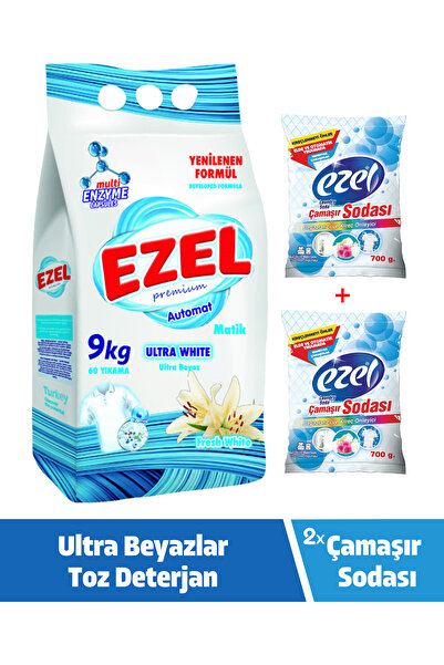 EZEL Toz Çamaşır Deterjanı Beyazlar İçin 9 Kg + Çamaşır Sodası 700 g X2