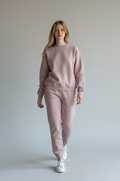 MGTEKSTİL Kadın Soluk Gül İçi Polarlı Kışlık 3 İplik Sweatshirt Takımı