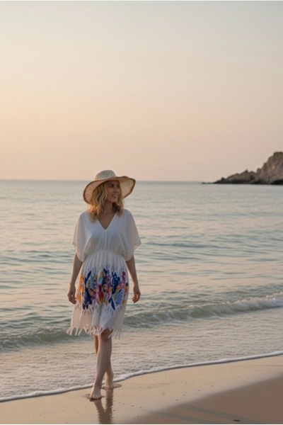 tarzQeen peştemal Bambu plaj elbisesi pareo v yaka beli lastik balık deseni t...