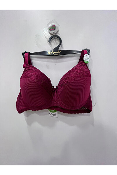 NERGIZ Women's Striped Lace Embroidered Frontless Gathered Burgundy Bra