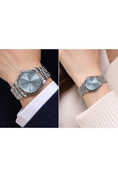 SAATEN Tarih Göstergesi Olan Gri,Gümüş Renk Çift Saatleri