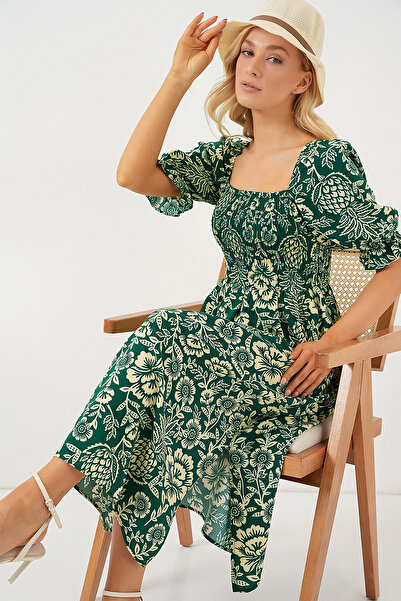 Modamorfo 2512 Printed Slit Dress - Emerald Green