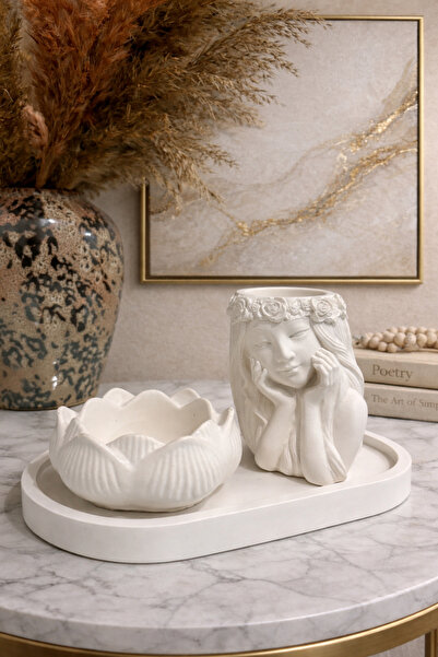 yuva atölyesi Dekoratif 3'lü Set Kadın Büst Saksı – Lotus Mumluk – Oval Tepsi