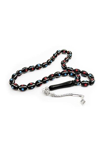 TAŞHAN Gümüş Yarma Firuze ve Mercan İşlemeli Erzurum Oltu Taşı Tesbih