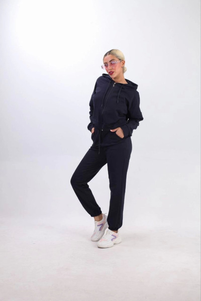 Kanonik Education Two Thread Hooded Zippered Crop Oversize Cardigan Set - Nav...