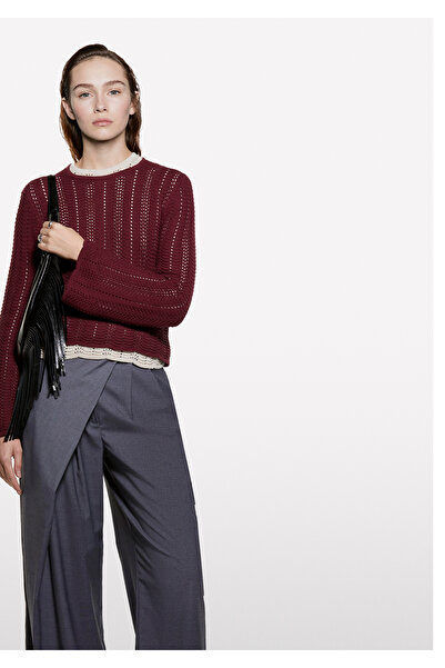 Sisley Women's Burgundy 100% Cotton Flared Sleeve Regular Fit Crew Neck Sweater