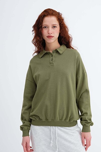 Addax Polo Collar Embroidered Sweatshirt B10596