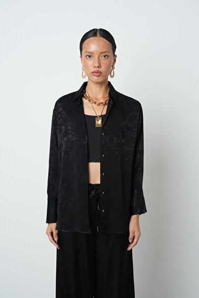 Orfeo Negro Women's Black Jacquard Ring Patterned Gold Buttoned Shirt