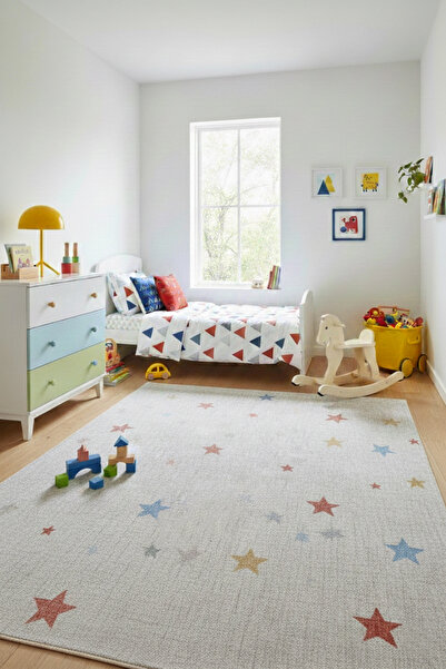 DIORA HALI Renkli Yıldız Desenli Yumuşak Dokulu Unisex Çocuk Makine Halısı