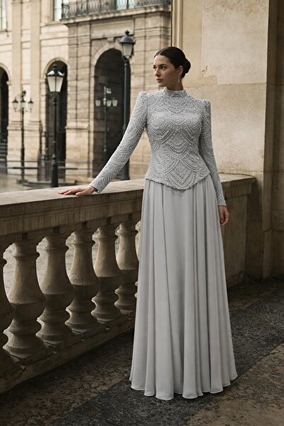 Olcay Boncuk ve Pul Bezeli Şifon Kombinli Exclusive Tesettür Abiye Elbise TAŞ...