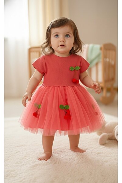 BAHNUR فستان أطفال أحمر مزين بالكرز، فستان للمناسبات الخاصة والاحتفالات