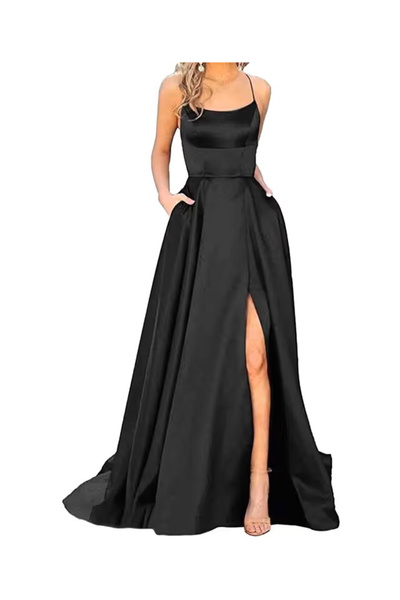 OEM Elegant long satin dress, sleeveless, slim waist, black XS