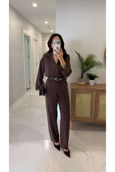 BİRCANÇİL Winna Brown Contrast Stitched Tencel Set