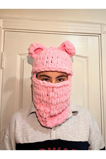 Dodemert Home Puffy Pink Hand Knitted Wegh Snow Mask Beanie & Muscle Cover Ba...