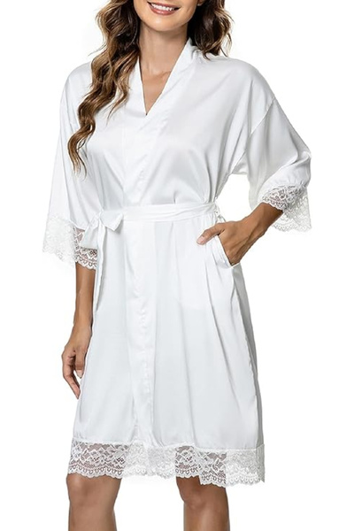 TUOPUDA Women's satin bathrobe, White, lace, S