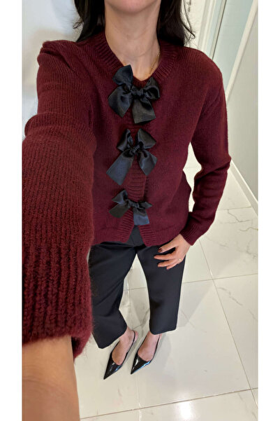 BİRCANÇİL Setana Burgundy Bow Detailed Cardigan