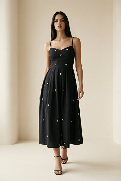 Setre Siyah İnce Askılı Taş Detaylı Rahat Kesim Elbise