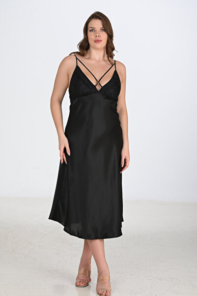 Kompedan Γυναικείο Σατέν Νυχτικό με Λεπτομέρεια από Κορδόνια στο Μπροστινό Μέ...