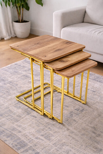 Riyes Tasarım C Zigon Gold Tekerlekli 3'lü Sehpa Seti – Metal Ayaklı – Modern...
