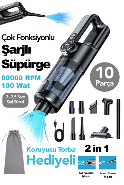 mimtec 16.000pa Kablosuz Araç İçi Süpürge - 10 Parça 2in1 Üflemeli ve Vakumlu...