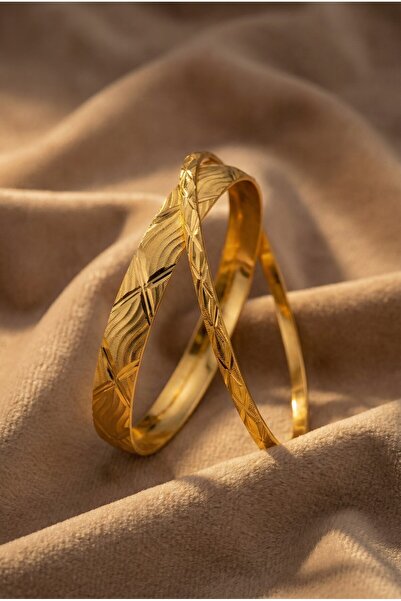 FerizZ Altın Kaplama 1cm Desenli Bilezik Ve 3mm Baklava Model Bilezik Kombin ...