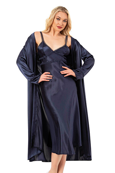 Kompedan Set de cămașă de noapte midi cu dantelă din satin pentru femei |   A...