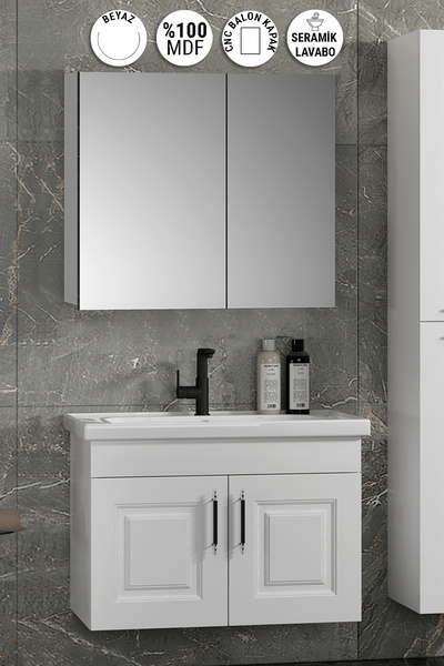 ÖZCEDEN Salkım 80 cm Beyaz Balon MDF Seramik Lavabolu Asma Banyo Dolabı Takımı