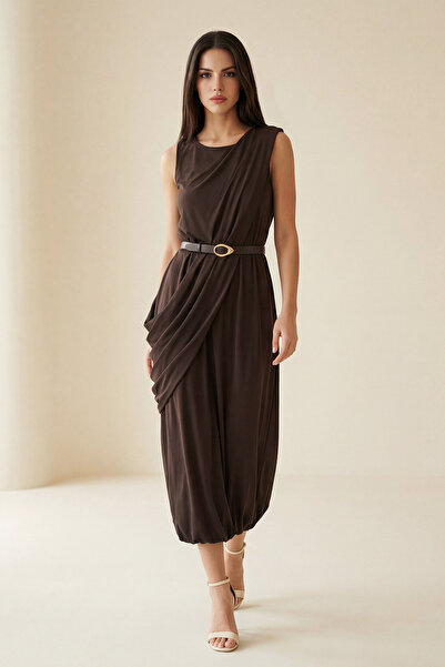 Setre Bitter Brown Sleeveless and Asymmetrical Fabric Detailed Belted Midi Dress