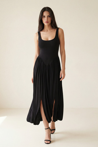 Setre Black Strappy Midi Dress with Waist and Skirt Detail